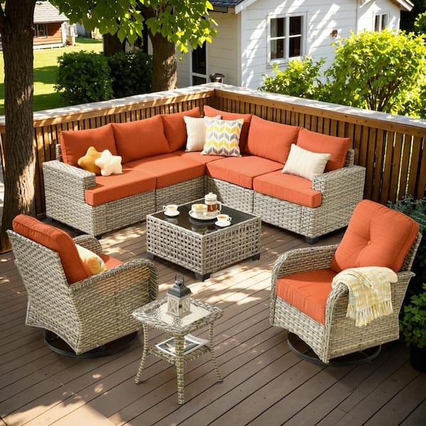 OVIOS Vinceny Gray 9-Piece Wicker Patio Conversation Seating Set with Orange Red Cushions and Swivel Chairs