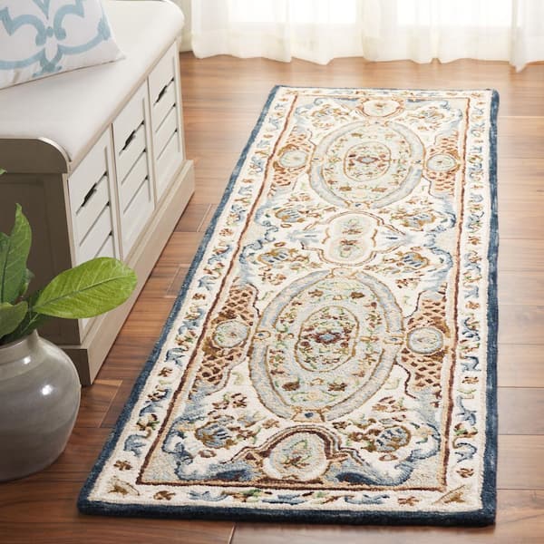 Aubusson 2 ft. x 8 ft. Ivory/Blue Medallion Runner Rug