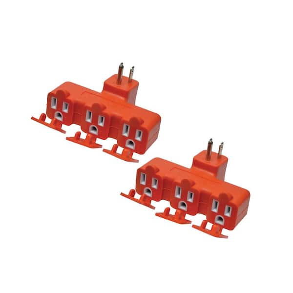 (G-03431OR-2) 3 Outlet Indoor Tri-tap with Right Angle Plug, Orange, 2 PACK