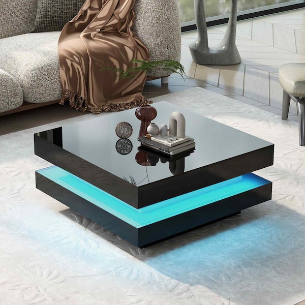 Polibi 31.5 in. Black Square Wood Coffee Table with LED Lights