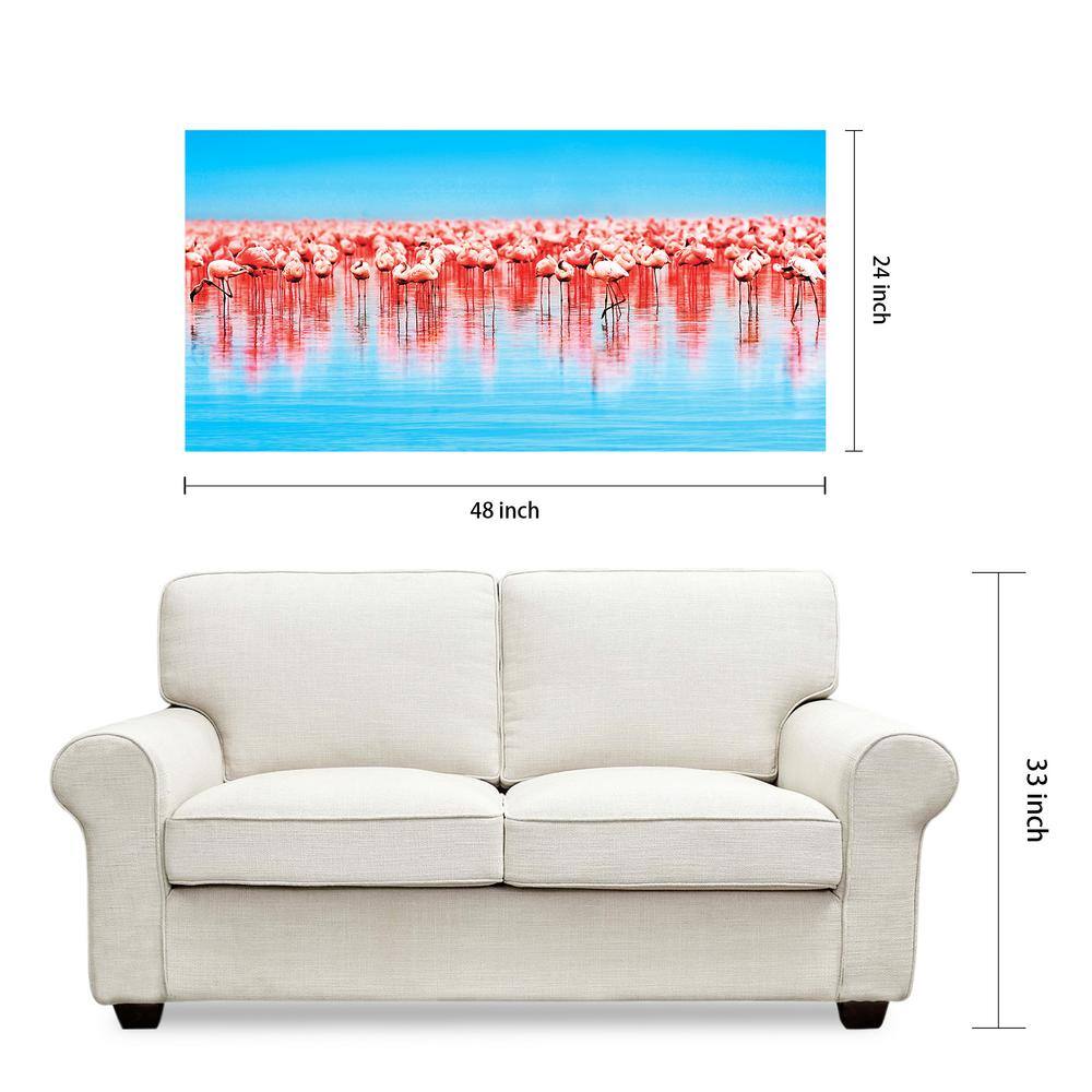 Flamingo Flock Blue and Pink Tempered Glass Wall Art, 24" x 48"