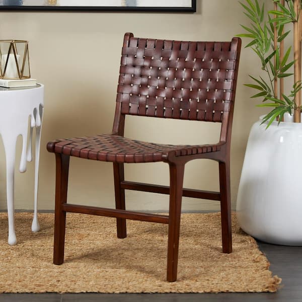 Litton Lane Brown Handmade Woven Leather Dining Chair with Teak Wood Frame (Set of 2)