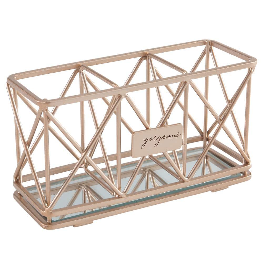 Rose Gold Metal 3-Compartment Cosmetic Organizer with Mirrored Base