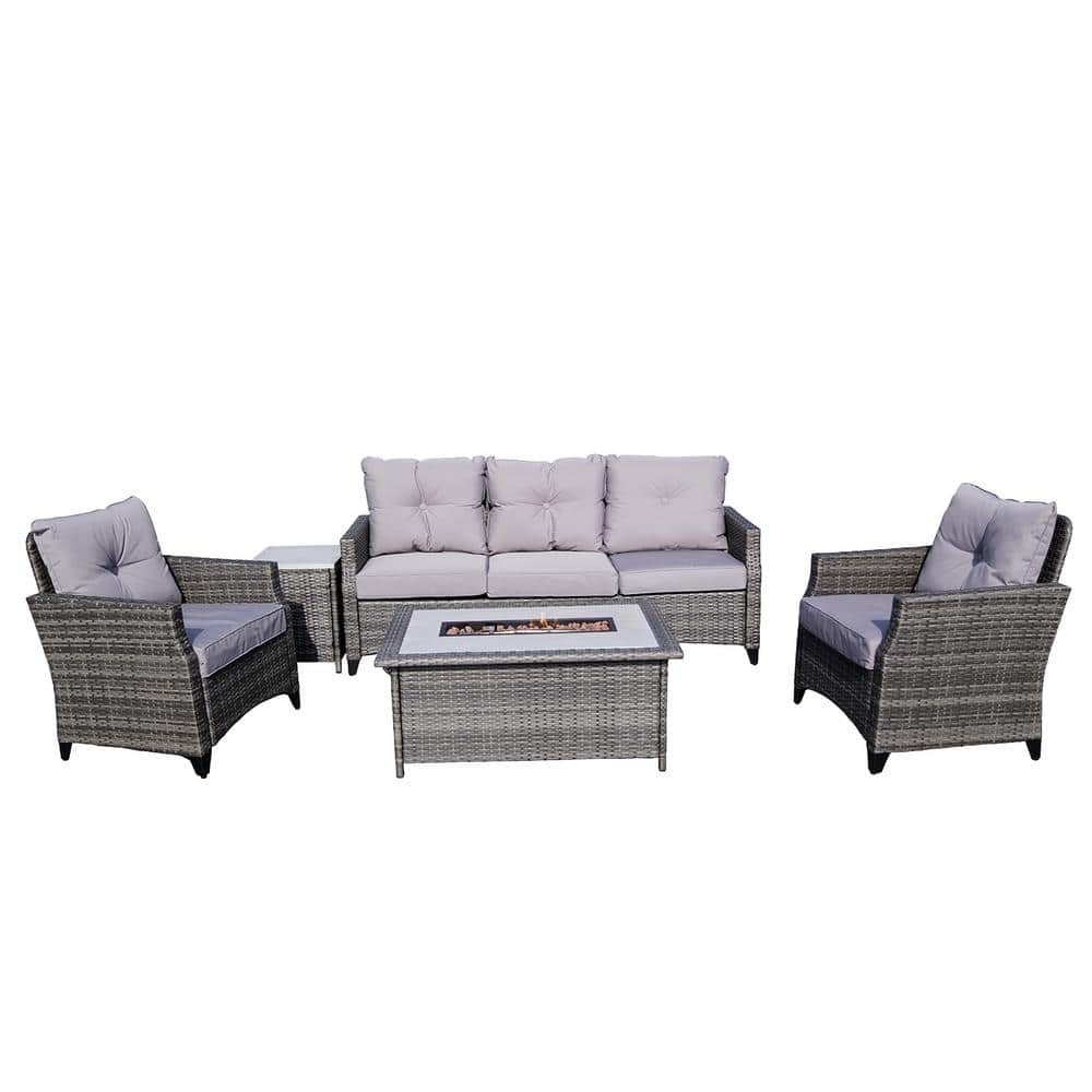 DIRECT WICKER Emily 5-Piece Wicker Patio Gas Fire Pit Conversation Set ...