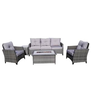 Emily 5-Piece Wicker Patio Gas Fire Pit Conversation Set with Gray Cushions