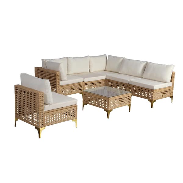 7-Piece Light Brown Wicker Sectional Set with Beige Cushions and Coffee Table for Garden
