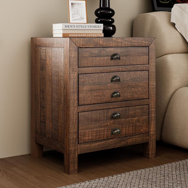 Rustic Brown 3 Drawers Solid Pine Wood Nightstand with Cup Pulls and Integrated Charge Station