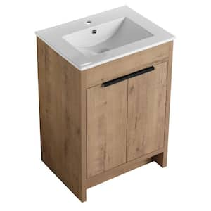 24 in. W Freestanding Bath Vanity in Imitative Oak with White Ceramic Top