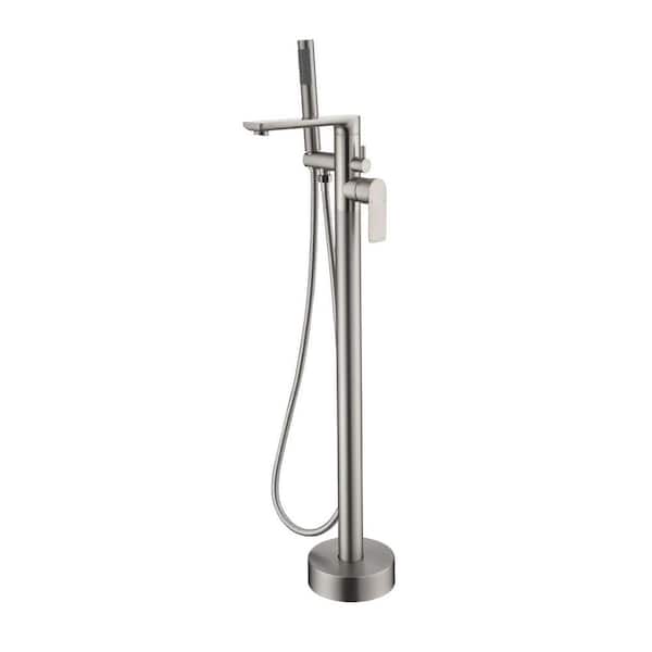Single Handle Floor Mount Bathtub Faucet Freestanding Tub Filler Standing Shower Faucets with Handheld Shower in Nickel