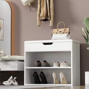 21.2 in. H x 24 in. W 6-Pair Shoes White Wood Shoe Storage Bench with Hidden Storage Compartment