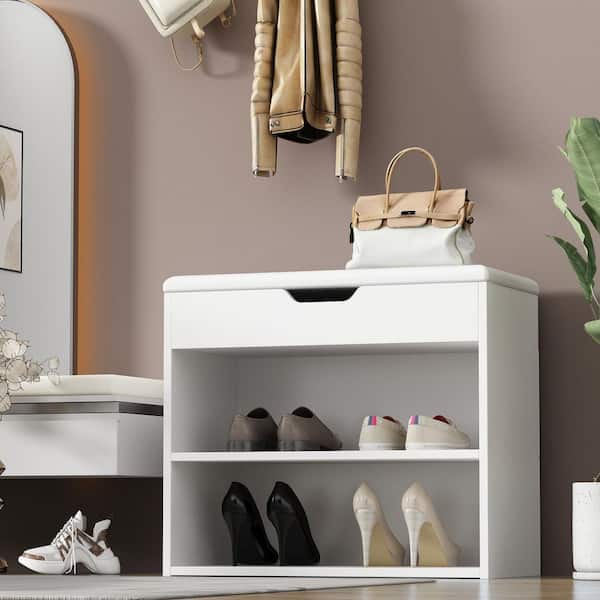 FUFU&GAGA 21.2 in. H x 24 in. W 6-Pair Shoes White Wood Shoe Storage Bench with Hidden Storage Compartment