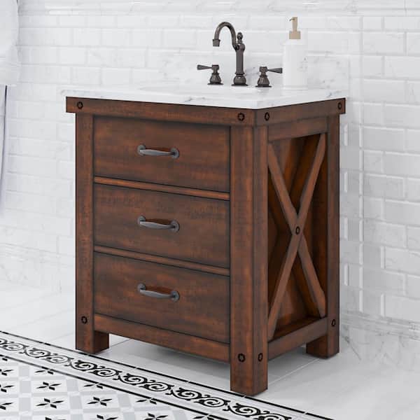 Water Creation Aberdeen 30 in. W x 22 in. D Vanity in Rustic Sierra with Marble Vanity Top in White with White Basin and Faucet