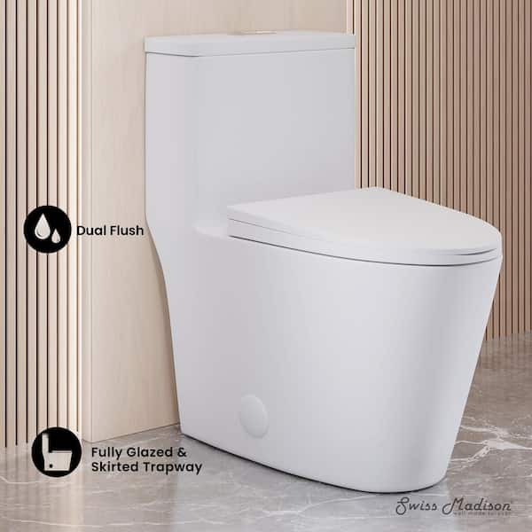 1-Piece Dual Flush 1.2 GPF/0.8 GPF Elongated High Efficiency Skirted Toilet All-in-One Toilet in White Seat Included 1-Piece Dual Flush 1.2 GPF/0.8 GPF Elongated High Efficiency Skirted Toilet All-in-One Toilet in White Seat Included