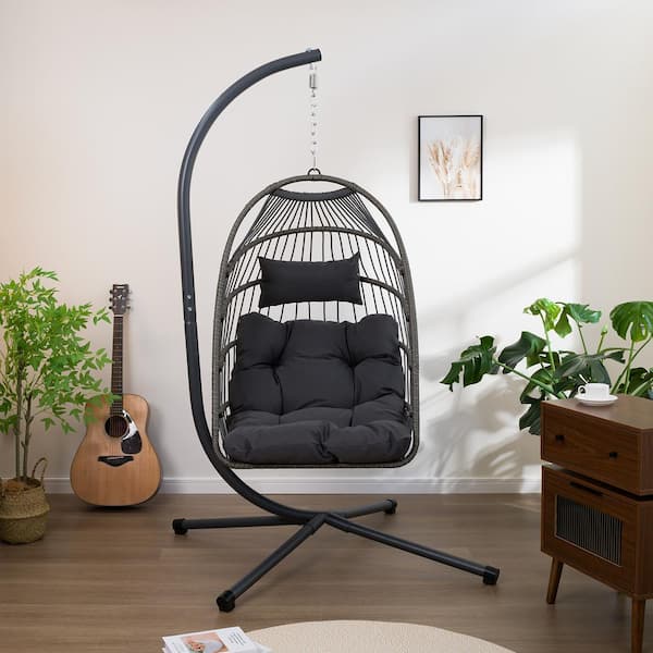 Unbranded Black Wicker Patio Swing Egg Chair, Hammock Egg Chair with Stand and Gray Cushiond for Indoor and Outdoor