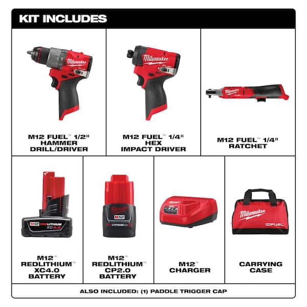 M12 FUEL 12-Volt Lithium-Ion Brushless Cordless Hammer Drill and Impact Driver Combo Kit and 1/4 in. Ratchet (3-Tool)