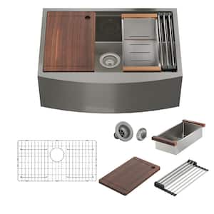 Stainless Steel Sink 33 in. 16-Gauge Single Bowl Farmhouse Apron Workstation Kitchen Sink in Brushed with Accessories