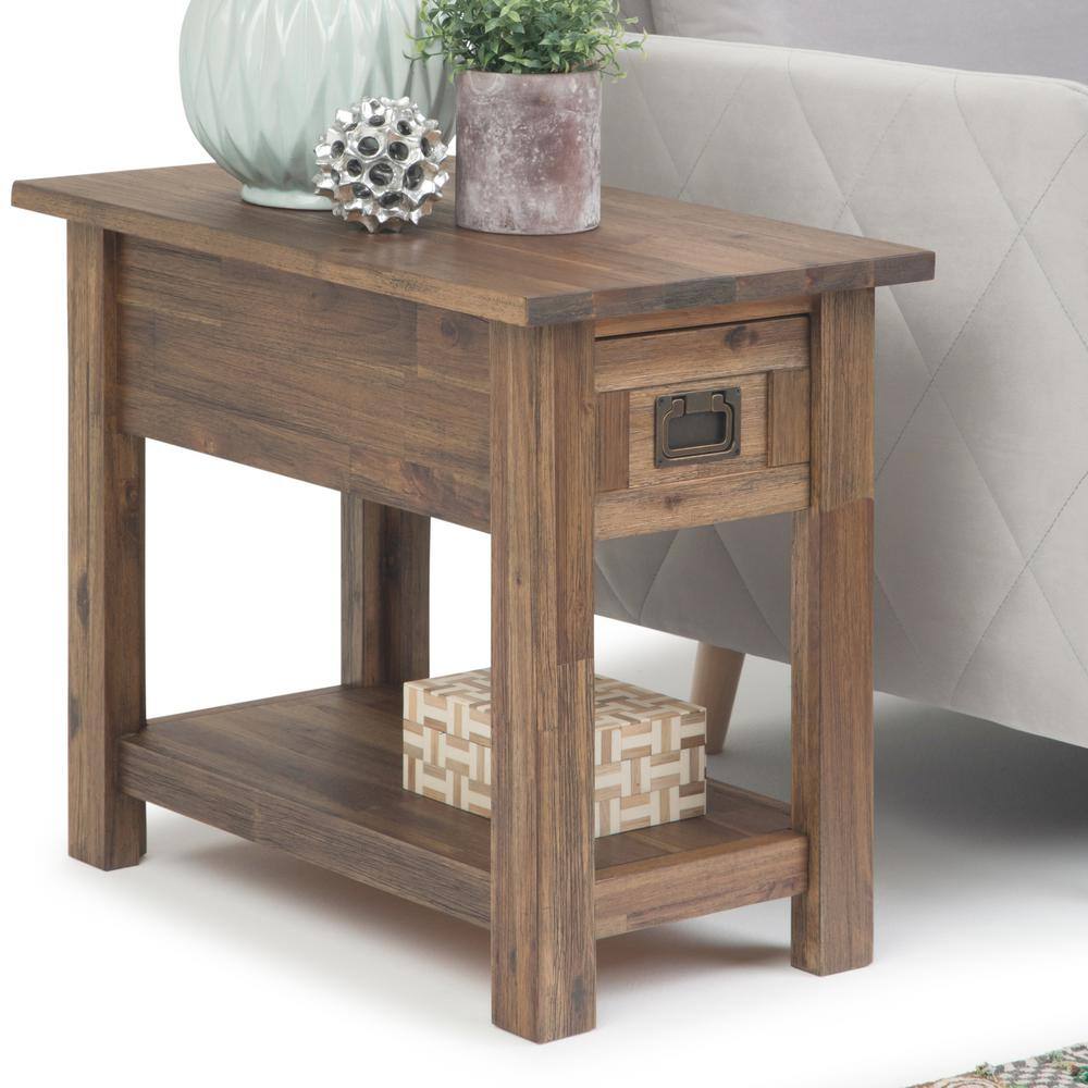 Rustic Natural Aged Brown Acacia Wood Narrow Side Table with Storage