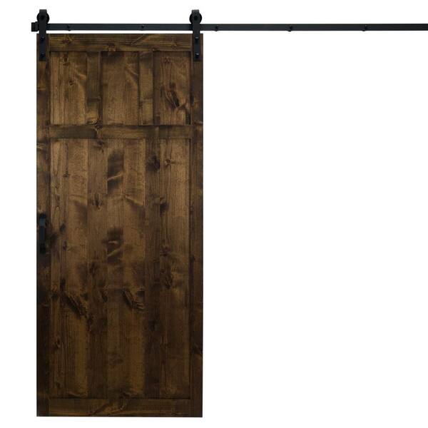 Craftsman 42 in. x 84 in. Dark Chocolate Alder Wood Interior Barn Door Slab with Sliding Door Hardware Kit