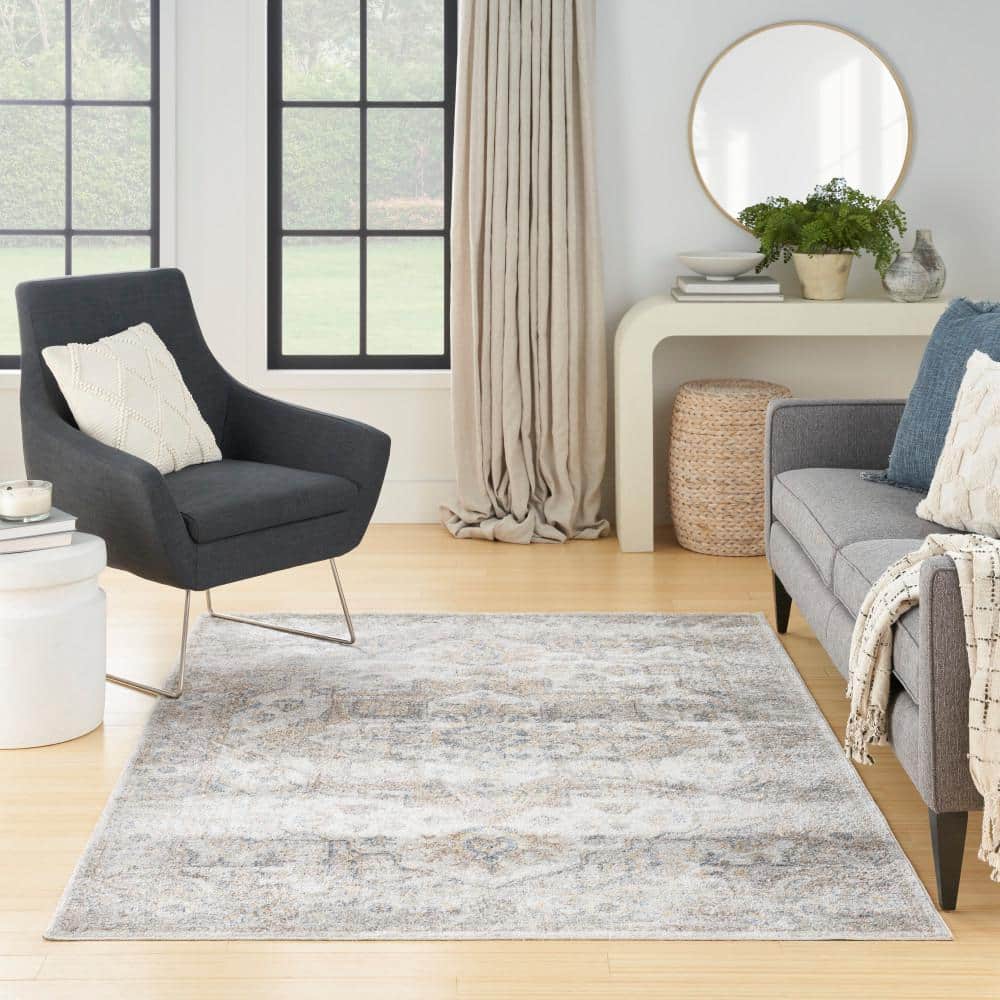 Silver Grey Medallion Low Pile Washable Area Rug
