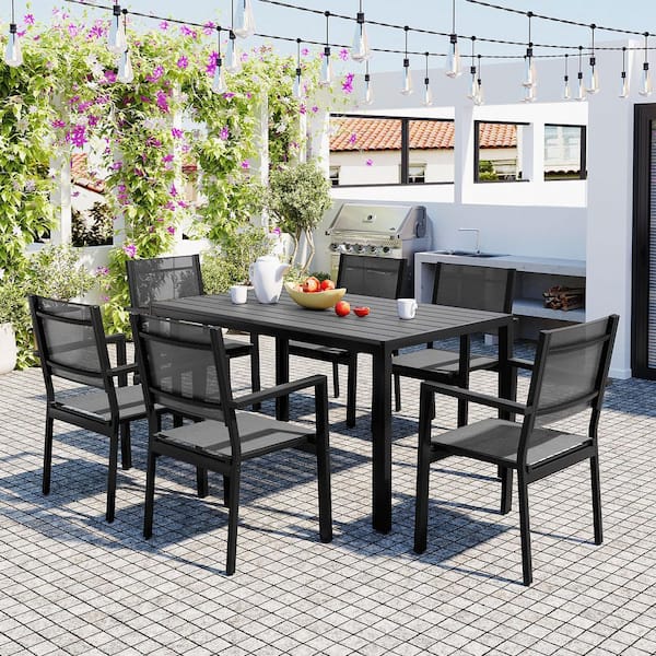 Unbranded 7-Piece Metal Outdoor Patio Stylish Modern Dining Table and Chair Set with Steel Handrails for Garden, Balcony, Backyard