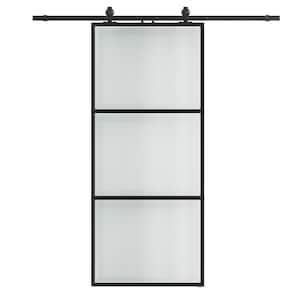42 in. W. x 84 in. Full-lite Tempered Frosted Glass Black Metal Frame Interior Sliding Barn Door with Hardware kit