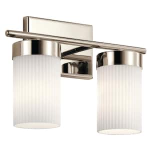 Ciona 14.5 in. 2-Light Polished Nickel Traditional Bathroom Vanity Light with Round Ribbed Glass