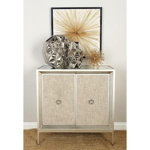 Beige Wood Upholstered Front Panel 1 Shelf and 2 Doors Cabinet with Mirrored Top and Ring Handles