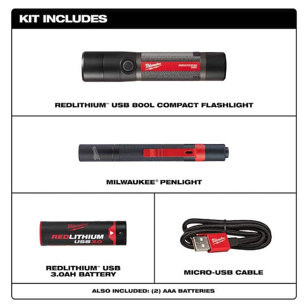 800 Lumens LED USB Rechargeable HP Fixed Focus Flashlight and 100 Lumens Aluminum Pen Light with Clip (2-Pack)