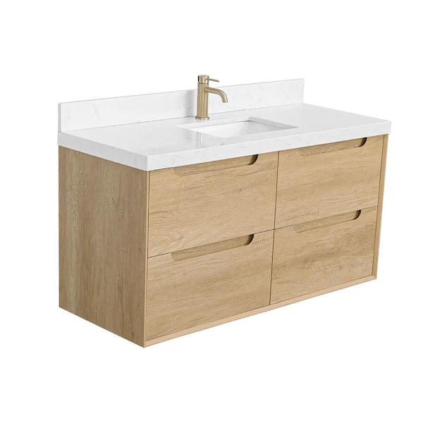 AuroraSky 48 in. Single Sink Floating Bath Vanity in Natural Oak with White Engineered Stone Top (Assembled)