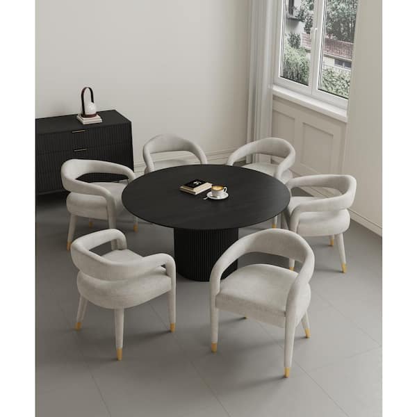 Manhattan Comfort Hathaway and Aspen 7-Piece Round Black and Silver Lining Ash Wood Top Dining Room Set Seats 6