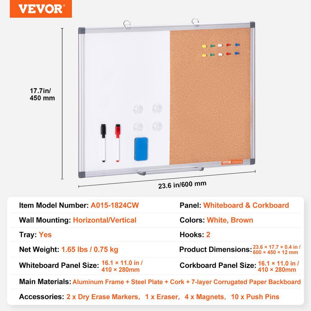 24" x 18" White Magnetic Dry Erase and Cork Board Combo with Aluminum Frame