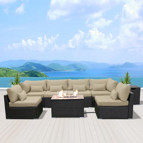 eVita 7-Piece Wicker Patio Conversation Set with Gas Fire Pit Table and Beige Cushions