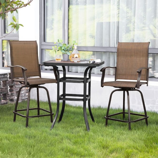 Black and Brown with Gold Speckles 3-Piece Textilene and Metal Square Outdoor Bar Set with Faux Wood Tabletop