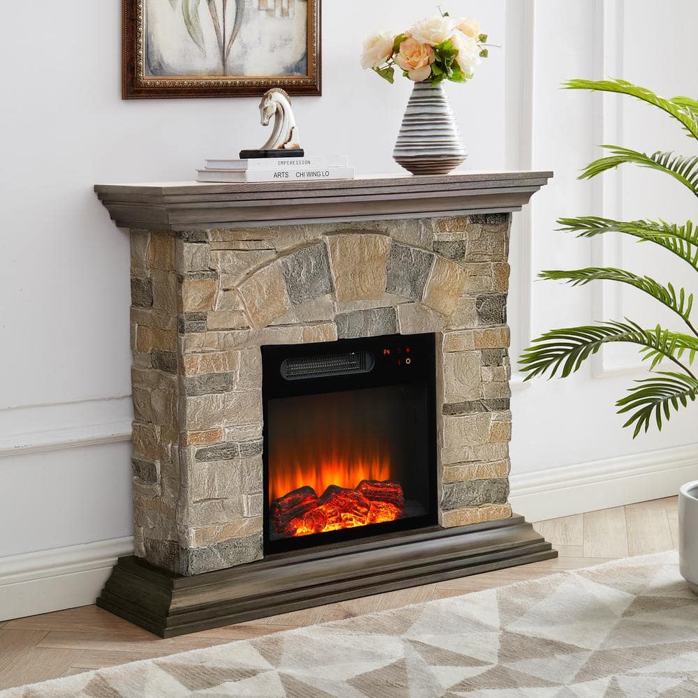 40" Bisque and Muddy Freestanding Electric Fireplace with Stone-Brick Mantel