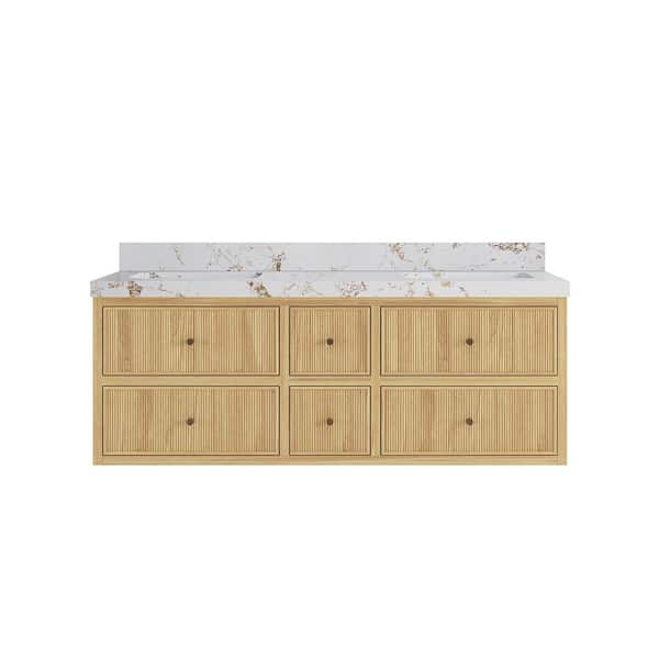 Willow Collections Sonoma Floating 60 in. H Double Sink Freestanding Light Natural Bath Vanity with Viola Gold Qt. Top Unassembled