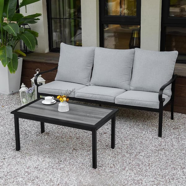 Zeus & Ruta 2-Piece 3-Seater Black Metal Outdoor Conversation Set with Gray Cushions and Coffee Table for Backyard, Lawn