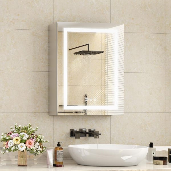 20 in. W x 26 in. H Rectangular Aluminum Recessed/Surface Mount Medicine Cabinet with Mirror and Light, Right Hinge