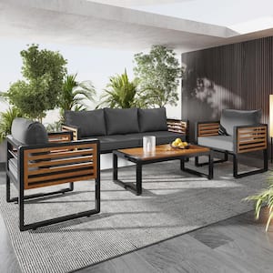4-Piece Metal and Wood Patio Conversation Set with Gray Cushions