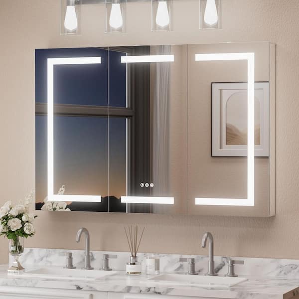 KeonJinn 48 in. W x 32 in. H Rectangular Aluminum Medicine Cabinet with Mirror 3-Color Lights and Outlets, Recessed/Surface Mount