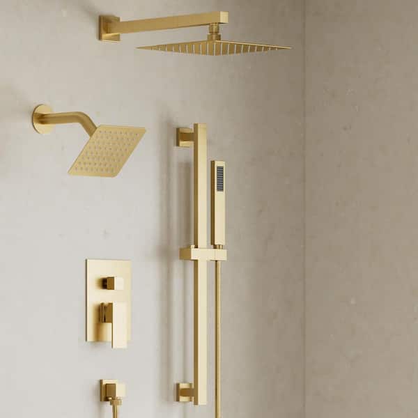 3-Spray 10 and 6 in. Wall Mount Dual Shower Heads and Handheld Shower Head in Brushed Gold (Valve Included)
