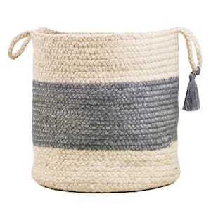 Amara Bold Striped Off-White / Gray 19 in. Jute Decorative Storage Basket with Handles