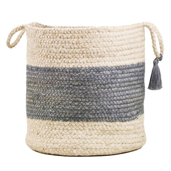 Unbranded Amara Bold Striped Off-White / Gray 17 in. Jute Decorative Storage Basket with Handles