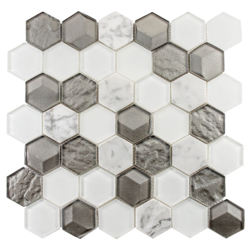 Xen Angels Gray/White 5 in. x 6.5 in. Hexagon Smooth Glass and Stone Mosaic