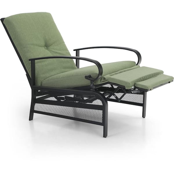 Phi Villa Adjustable Black Metal Outdoor Recliner with Green Cushions