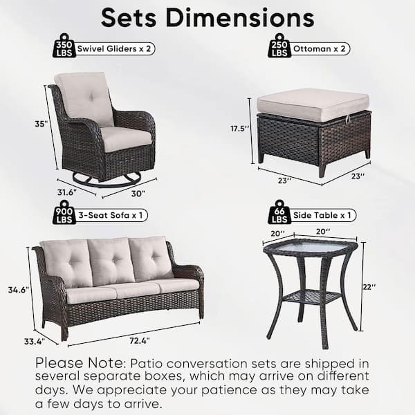 6-Piece Brown Wicker Patio Conversation Set with Olefin Beige Cushions and Swivel Glider Chairs/Couch