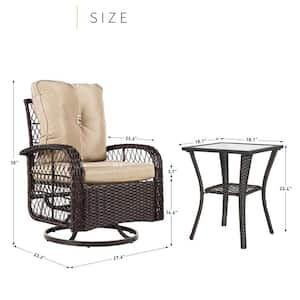 3-Piece Brown Wicker Outdoor Rocking Chair Set Outdoor Swivel Chairs with Beige Cushions