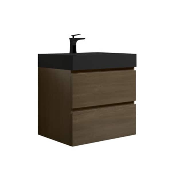 MYCASS 24 in. W x 18.1 in. D x 20.5 in. H Sink  Floating Bath Vanity in Dark oak with Single Matt Black Solid Surface Top