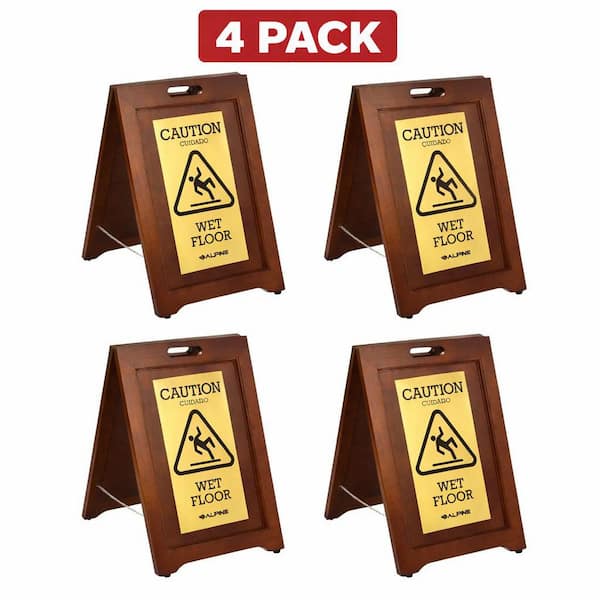 24 in. Brass Plated Bilingual Wooden Caution Wet Floor Sign with Handles (4-Pack)