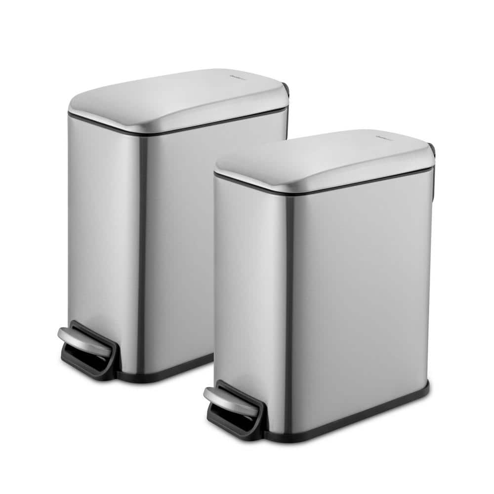 Slim Stainless Steel Step-On Trash Can Set, 1.3 Gallon, Silver
