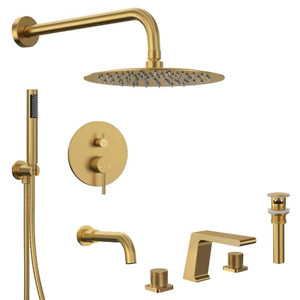 Pressure Balance 3-Spray Wall Mount 10 in. Fixed and Handheld Shower Head 2.5 GPM in Brushed Gold with Basic Faucet